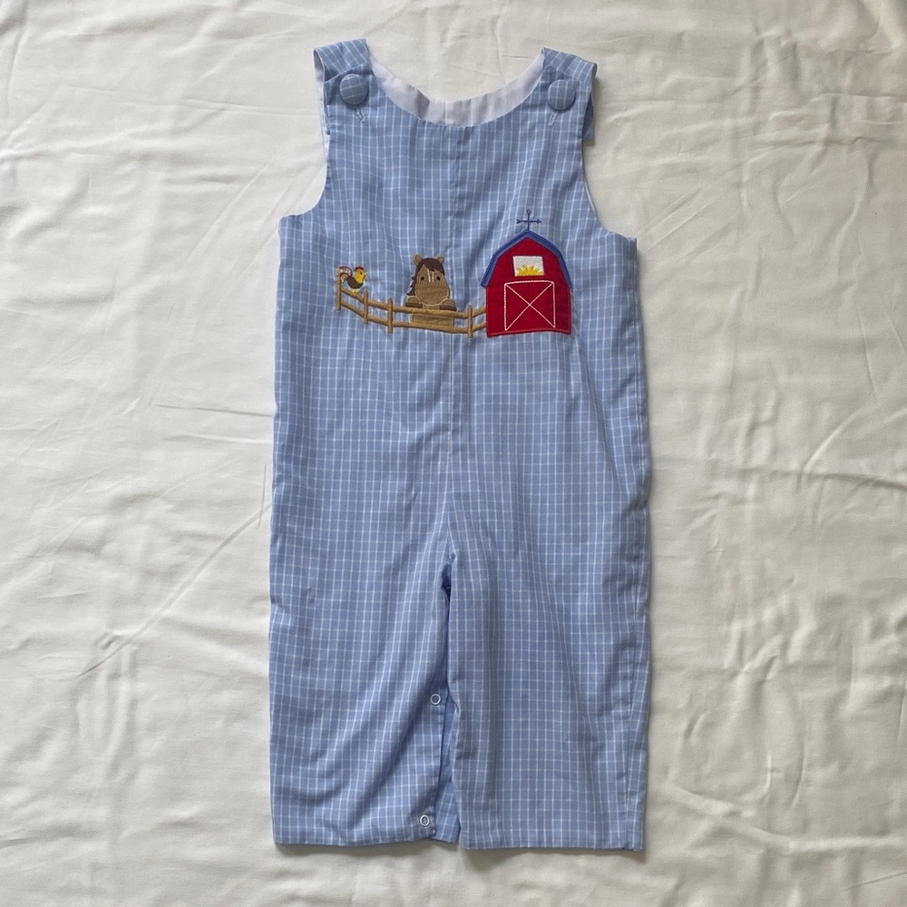 Zucchini Kids Blue Checkered Overalls with Barn Embroidery